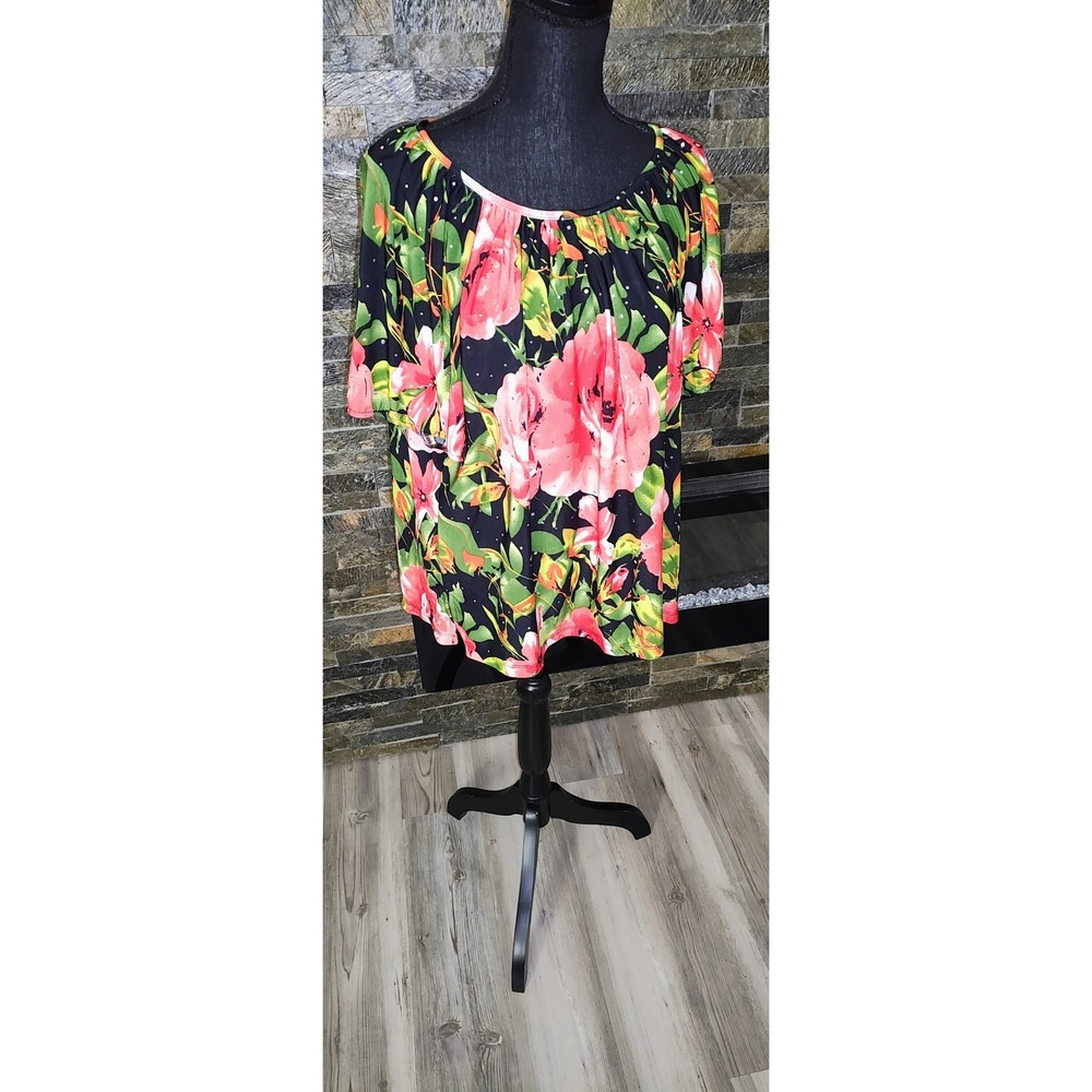 CD DANIELS Women Pullover Stretch Blouse Blue Floral Print Short Sleeve Size 1X